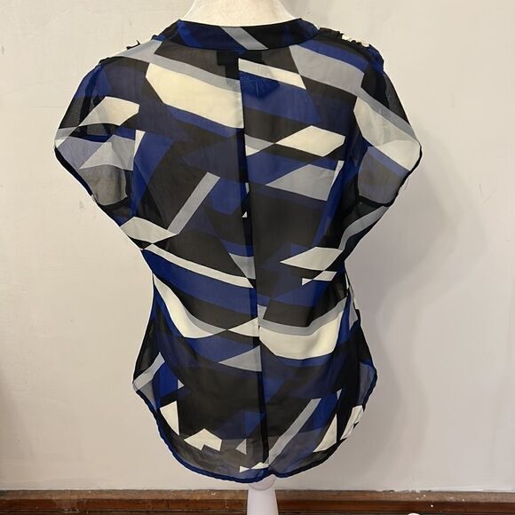 3/$30 Metaphor black blue sheer patterned cap sleeve blouse Size S - Picture 5 of 8